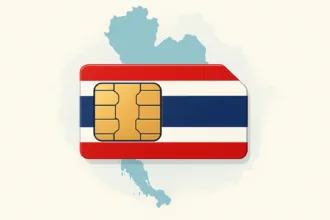 carte sim thailande, représentation de la carte de thailande avec une carte sim au couleur du drapeau thailandais