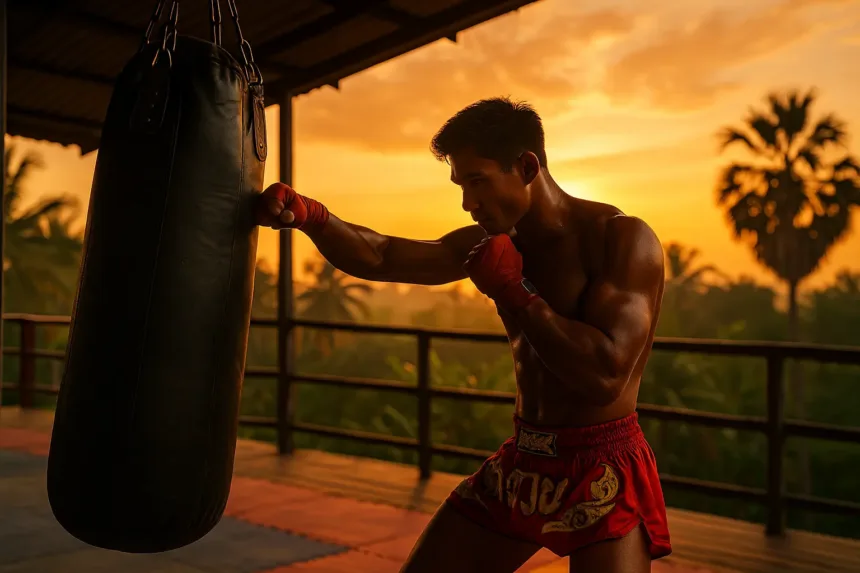 Photo d’un boxeur Muay-Thaï torse nu en position de garde, dans un camp d'entraînement en Thaïlande, entouré de sacs de frappe et d’une atmosphère tropicale
