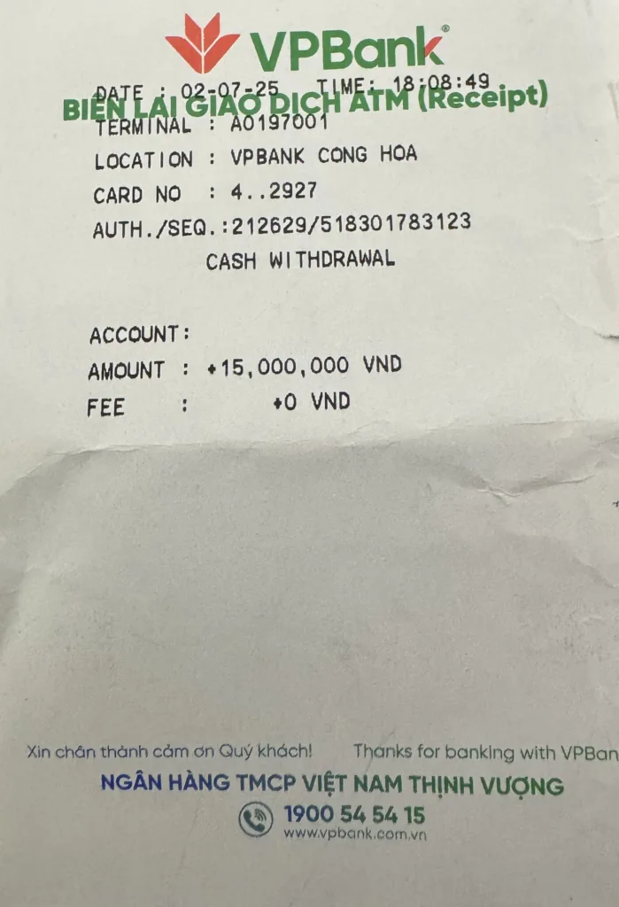 Où retirer de l'argent sans frais au Vietnam 9 Ticket de retrait VPBank de 15 millions de dongs sans frais au Vietnam