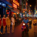 Rue animée de Hô Chi Minh Ville la nuit, avec des bars, néons, scooters et jeunes femmes devant les établissements.