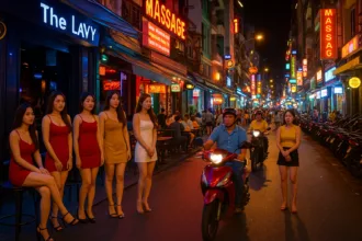 Rue animée de Hô Chi Minh Ville la nuit, avec des bars, néons, scooters et jeunes femmes devant les établissements.