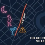 Carte stylisée de Ho Chi Minh Ville mettant en évidence la rue Pasteur avec des icônes de bar, hôtesse, lune et panneau d’avertissement, sur fond nocturne.