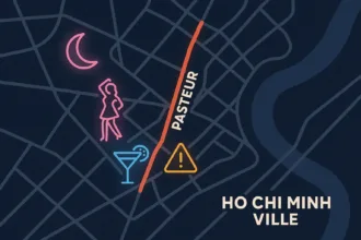 Carte stylisée de Ho Chi Minh Ville mettant en évidence la rue Pasteur avec des icônes de bar, hôtesse, lune et panneau d’avertissement, sur fond nocturne.