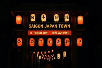 Entrée de Saigon Japan Town à Ho Chi Minh Ville, avec lanternes japonaises rouges, panneaux Le Thanh Ton et Thai Van Lung, de nuit dans une ambiance lumineuse.