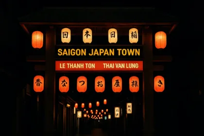 Entrée de Saigon Japan Town à Ho Chi Minh Ville, avec lanternes japonaises rouges, panneaux Le Thanh Ton et Thai Van Lung, de nuit dans une ambiance lumineuse.