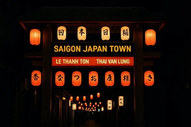 Entrée de Saigon Japan Town à Ho Chi Minh Ville, avec lanternes japonaises rouges, panneaux Le Thanh Ton et Thai Van Lung, de nuit dans une ambiance lumineuse.