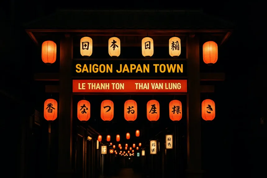 Entrée de Saigon Japan Town à Ho Chi Minh Ville, avec lanternes japonaises rouges, panneaux Le Thanh Ton et Thai Van Lung, de nuit dans une ambiance lumineuse.