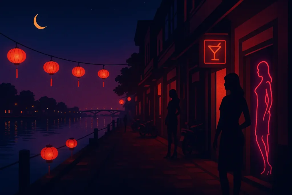Prostitution au Vietnam : tour complet des quartiers chauds (ville par ville) 16 Scène nocturne à Can Tho le long du fleuve, avec lanternes rouges, silhouettes féminines devant des bars éclairés au néon, dans une ambiance de nightlife asiatique.