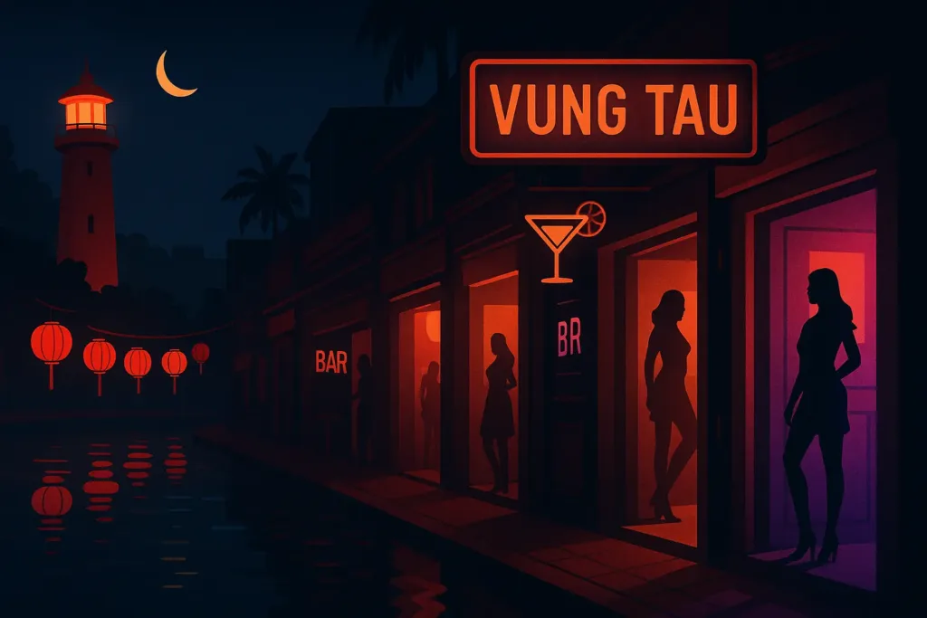 Prostitution au Vietnam : tour complet des quartiers chauds (ville par ville) 17 Scène nocturne à Vung Tau avec lanternes rouges, silhouettes féminines devant des bars éclairés au néon, un phare en fond et ambiance tropicale de quartier chaud.