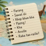 Carnet de voyage ouvert sur une carte de la Thaïlande, avec des mots de vocabulaire thaï écrits en phonétique française comme "Farang", "Sawat dii", "Paeng !" et "Raka tao raille ?", en arrière-plan une plage tropicale avec un palmier et un bateau traditionnel. Demander à ChatGPT