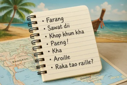 Carnet de voyage ouvert sur une carte de la Thaïlande, avec des mots de vocabulaire thaï écrits en phonétique française comme "Farang", "Sawat dii", "Paeng !" et "Raka tao raille ?", en arrière-plan une plage tropicale avec un palmier et un bateau traditionnel. Demander à ChatGPT