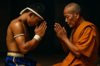 eune pratiquant de Muay-Thaï exécutant un Wai traditionnel devant un temple en Thaïlande