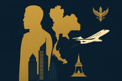 Illustration stylisée du roi Rama X en silhouette dorée, avec la carte de la Thaïlande au centre, un jet privé, des gratte-ciels dorés, un temple royal et l’emblème du Garuda sur fond bleu nuit.