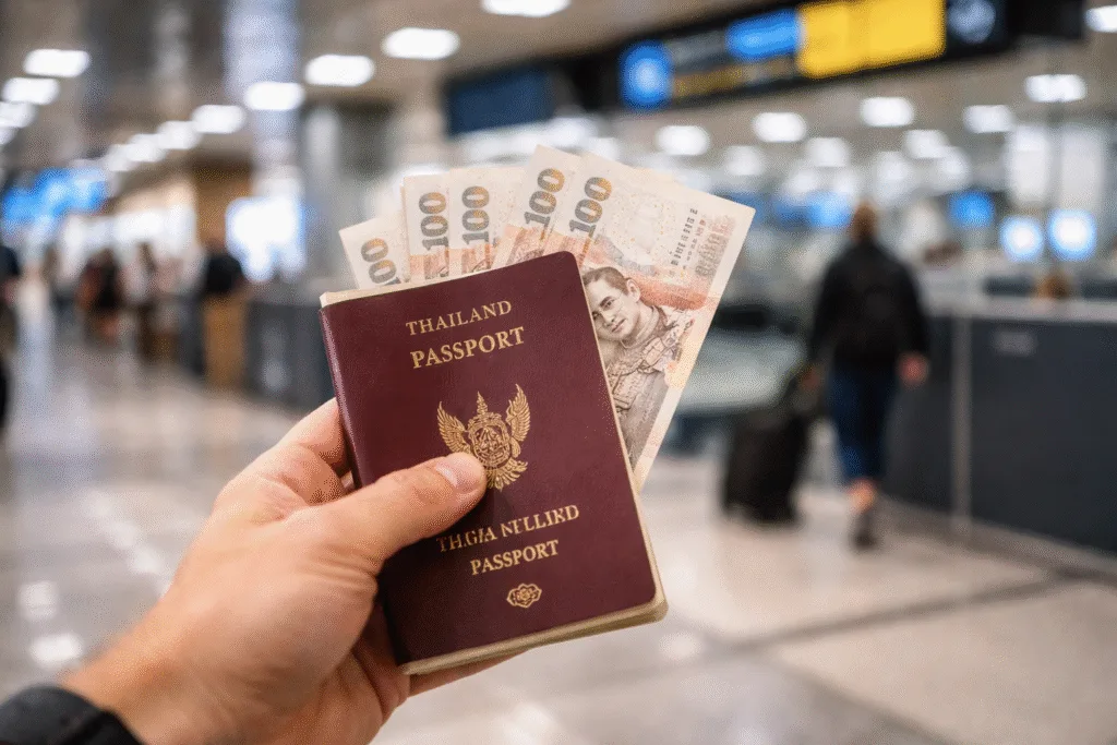 Passeport thaïlandais tenu à la main avec plusieurs billets de bahts thaïlandais dans un aéroport, illustrant la preuve de fonds pour entrer en Thaïlande en tant que touriste