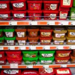 Des rayons de supermarché coréen remplis de pots rouges de gochujang et de pots de pâte de soja