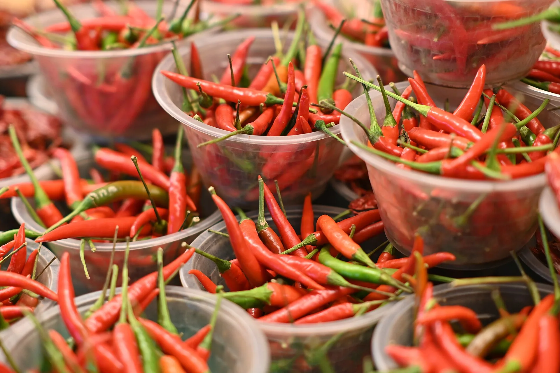Nam pla prik : la sauce piment thaïlandaise de tous les jours 9 Des piments oiseau rouges entassés dans des sachets sur un marché thaïlandais