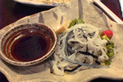 Un petit bol de ponzu sombre posé à côté de fines lanières de peau de fugu et d'oignon nouveau, dans un izakaya de Tokyo