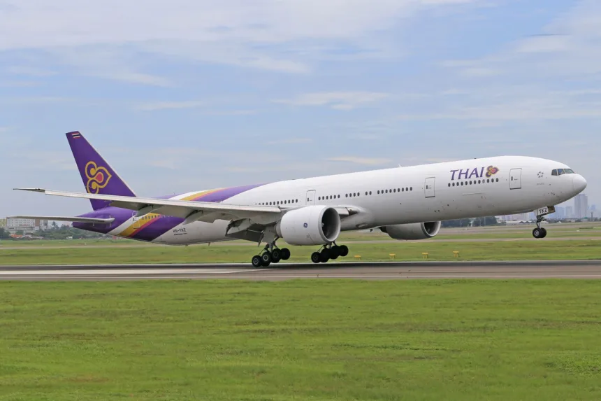 Un Boeing 777 de Thai Airways à l'atterrissage sur la piste d'un aéroport