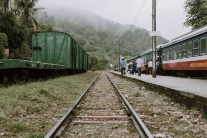 Un train à quai dans la gare de Qui Nhon, sur la côte centrale du Vietnam, entouré de végétation
