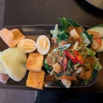 Une assiette de gado-gado, légumes tièdes, tofu et oeuf dur nappés d'une sauce cacahuète brune