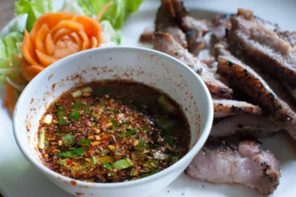 Un petit bol de sauce brun rougeâtre parsemée de flocons de piment, de grains de riz grillé et d'herbes hachées